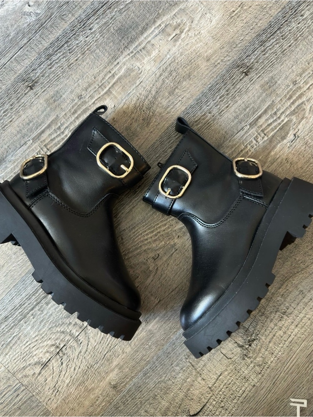 Zara Black Chunky Lug Ankle Boots with Gold Buckles